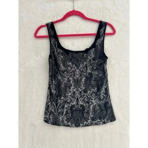 Arianne Damask Brocade Lace Trim Tank Top Black Silver Grey Corset Style 5641 S
